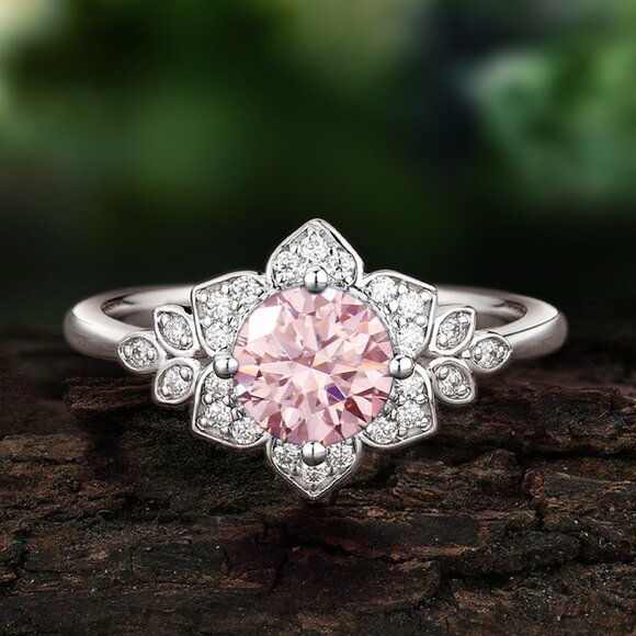 Round Floral ring - Blush Pink Morganite Flower Engagement Ring Liz Halston - Picture 1 of 4